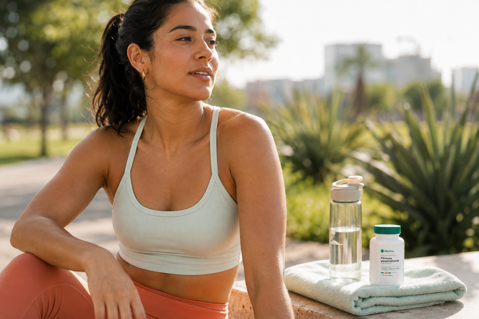 Mujer activa con su frasco MedYou después de hacer ejercicio